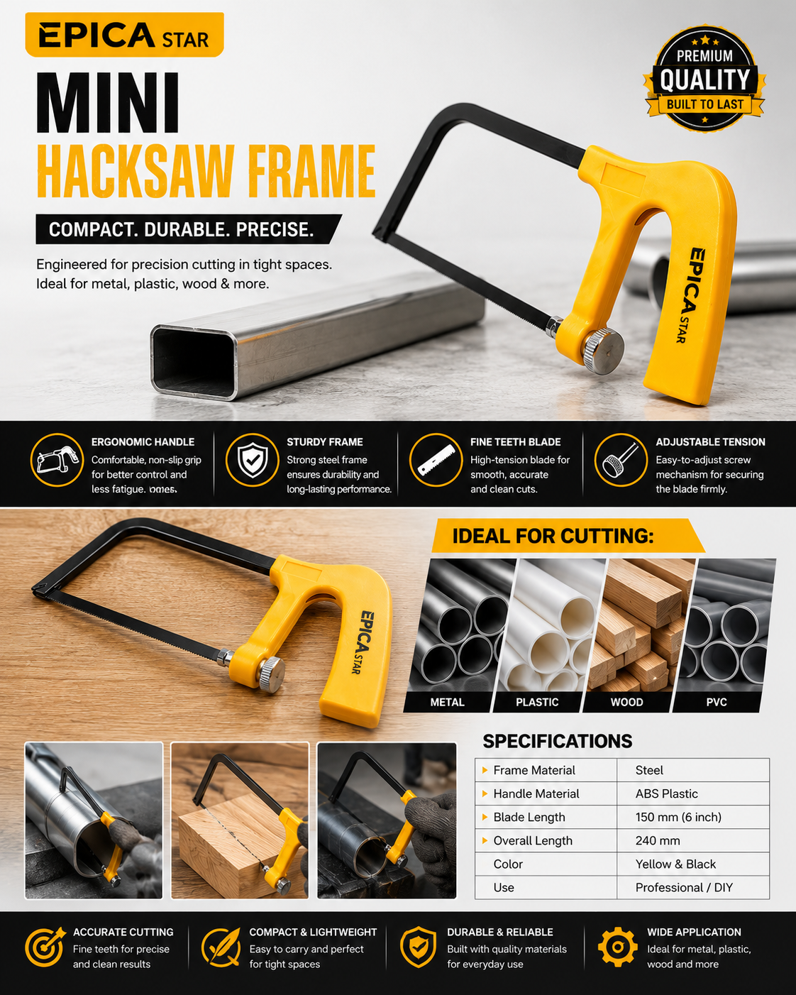 Mini Hacksaw Frame with Ergonomic Handle, Adjustable Blade Tension, Fine-Tooth Cutting Blade, Compact Steel Frame for Metal, Plastic, Wood & DIY Cutting