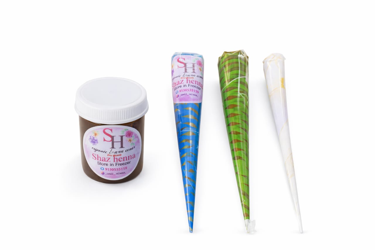 Shaz Organic Henna Cones Set – Dip Henna, Bridal Henna, Normal Henna & Nail Henna | Natural Mehndi Cones for Bridal, Hand & Nail Designs (Combo Pack))