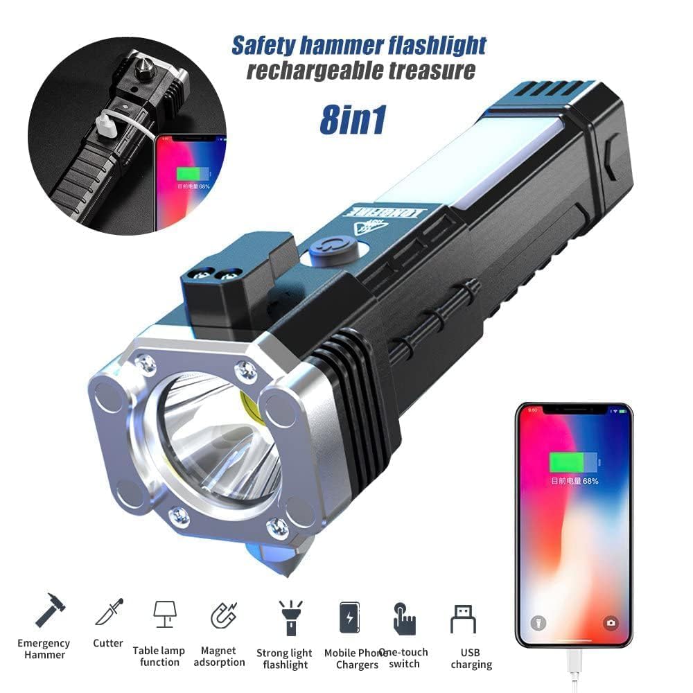 Torch Light,LED 3W Torch Light Rechargeable Torch Flashlight,Long Distance Beam Range Car Rescue Torch with Hammer Window Glass and Seat Belt Cutter Built Portable Rechargeable