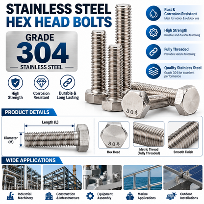 4MM DIA STAINLESS STEEL 304-A2 HEX SCREW FULL THREAD (DIN 933 / IS 1363) (Pack of 100 Pieces)