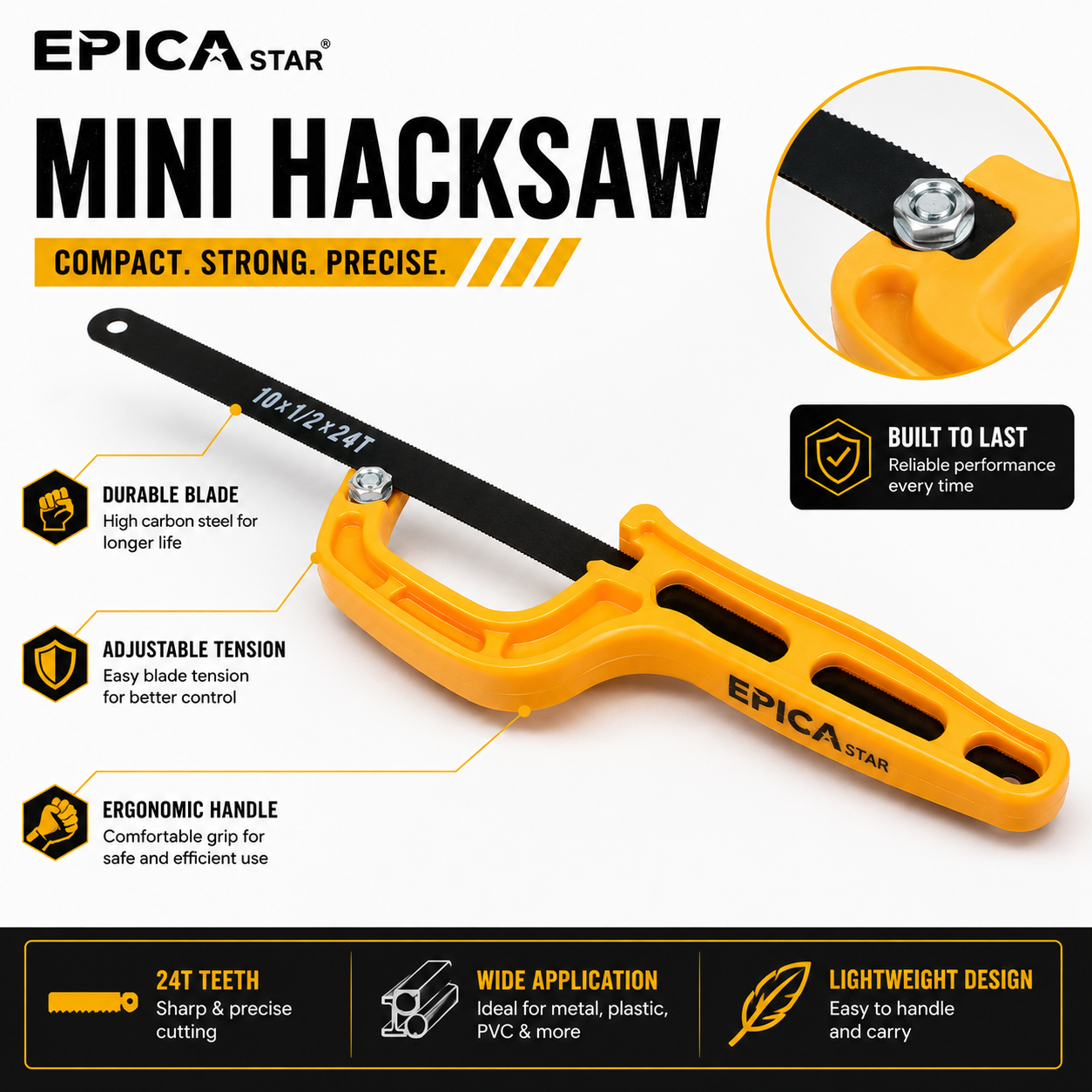Mini Hacksaw Frame with Blade (CE-30389) | Heavy-Duty Hand Hacksaw for Metal, Plastic & PVC Cutting | Compact Lightweight Frame | Ergonomic Grip for DIY & Professional Use