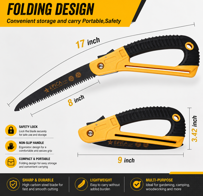 Folding Hand Pruning Saw 180mm Blade | Heavy-Duty Manual Folding Saw with Safety Lock | Sharp Triple-Cut Teeth | Portable Tree Branch Cutter for Gardening, Camping & Outdoor Use CE - 30373