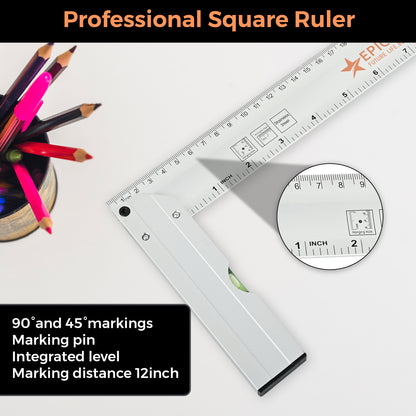 12-Inch Tri-Square Aluminum Ruler (CE60022) | Right Angle Measuring Tool with Spirit Level | Metric & Inch Scale | Heavy-Duty Aluminum | Ideal for Carpentry, Engineering & Drafting