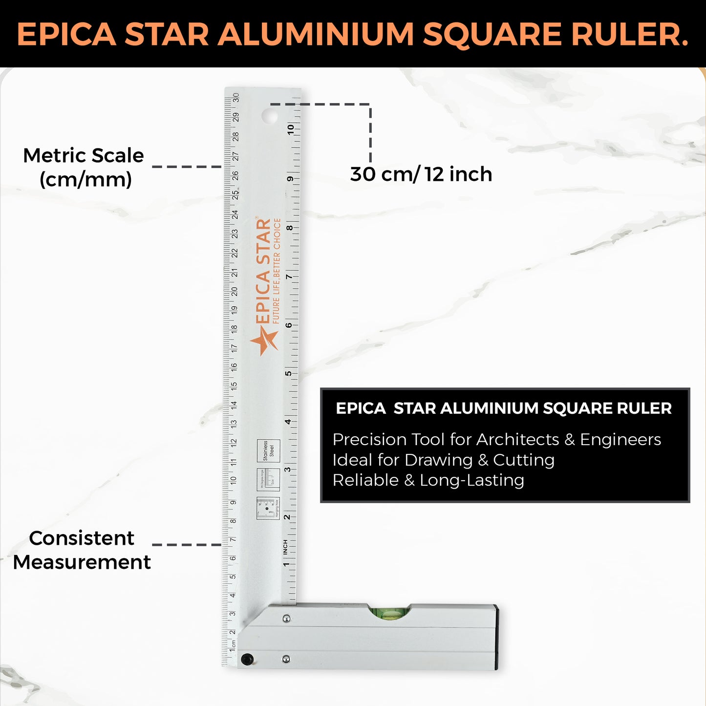 12-Inch Tri-Square Aluminum Ruler (CE60022) | Right Angle Measuring Tool with Spirit Level | Metric & Inch Scale | Heavy-Duty Aluminum | Ideal for Carpentry, Engineering & Drafting