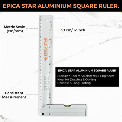12-Inch Tri-Square Aluminum Ruler (CE60022) | Right Angle Measuring Tool with Spirit Level | Metric & Inch Scale | Heavy-Duty Aluminum | Ideal for Carpentry, Engineering & Drafting