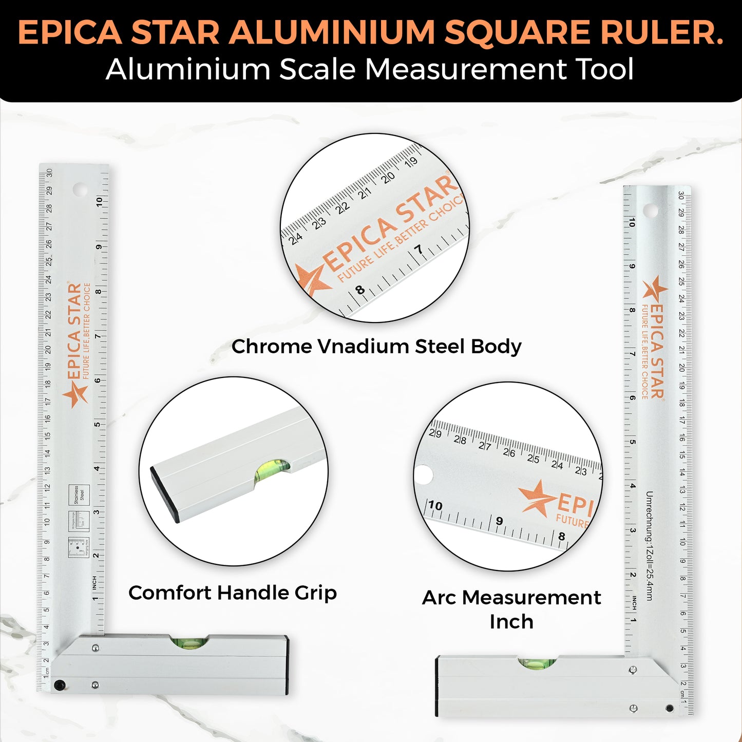 12-Inch Tri-Square Aluminum Ruler (CE60022) | Right Angle Measuring Tool with Spirit Level | Metric & Inch Scale | Heavy-Duty Aluminum | Ideal for Carpentry, Engineering & Drafting