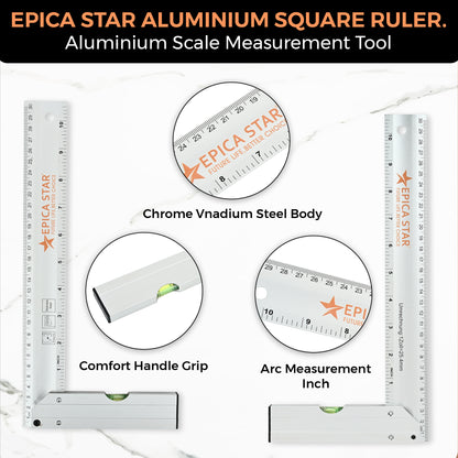 12-Inch Tri-Square Aluminum Ruler (CE60022) | Right Angle Measuring Tool with Spirit Level | Metric & Inch Scale | Heavy-Duty Aluminum | Ideal for Carpentry, Engineering & Drafting