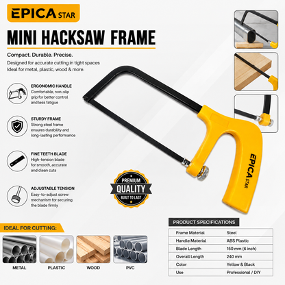 Mini Hacksaw Frame with Ergonomic Handle, Adjustable Blade Tension, Fine-Tooth Cutting Blade, Compact Steel Frame for Metal, Plastic, Wood & DIY Cutting