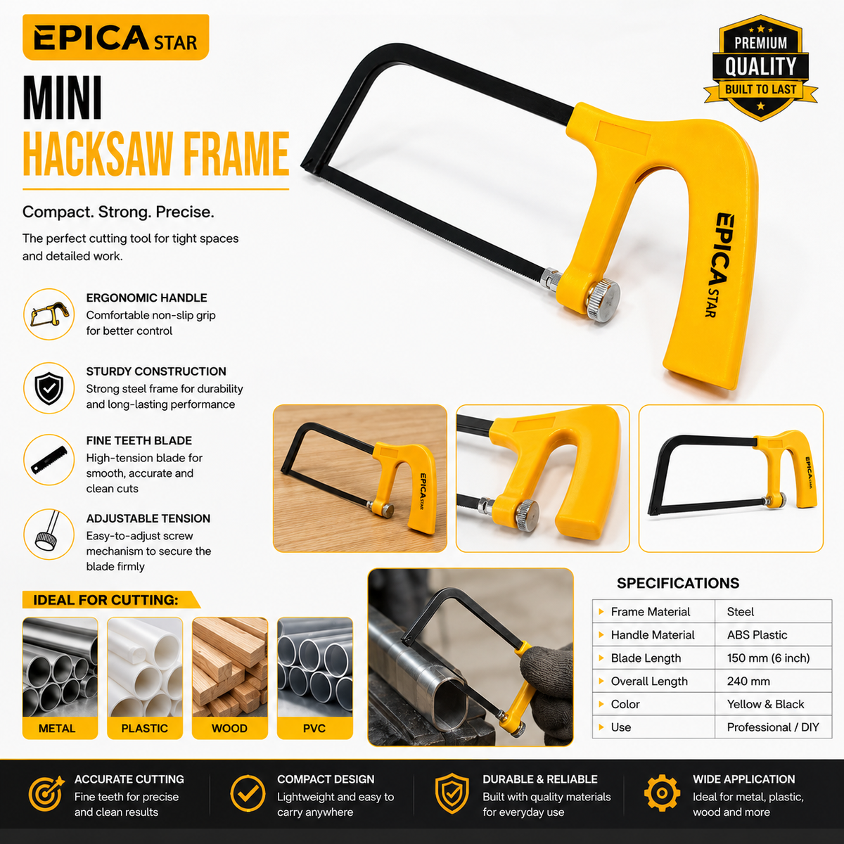 Mini Hacksaw Frame with Ergonomic Handle, Adjustable Blade Tension, Fine-Tooth Cutting Blade, Compact Steel Frame for Metal, Plastic, Wood & DIY Cutting