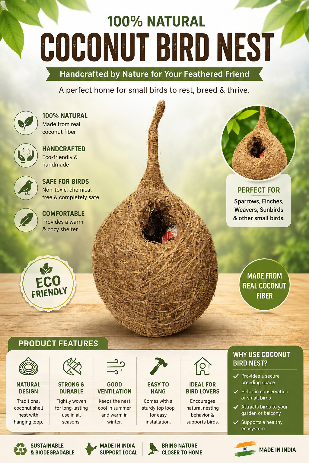 Handcrafted Natural Hanging Bird Nest | Eco-Friendly Coconut Fiber Bird House for Sparrows, Finches & Small Birds | Weather Resistant Outdoor Nest for Garden, Balcony, Terrace & Backyard
