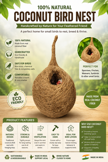 Handcrafted Natural Hanging Bird Nest | Eco-Friendly Coconut Fiber Bird House for Sparrows, Finches & Small Birds | Weather Resistant Outdoor Nest for Garden, Balcony, Terrace & Backyard