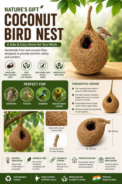 Handcrafted Natural Hanging Bird Nest | Eco-Friendly Coconut Fiber Bird House for Sparrows, Finches & Small Birds | Weather Resistant Outdoor Nest for Garden, Balcony, Terrace & Backyard