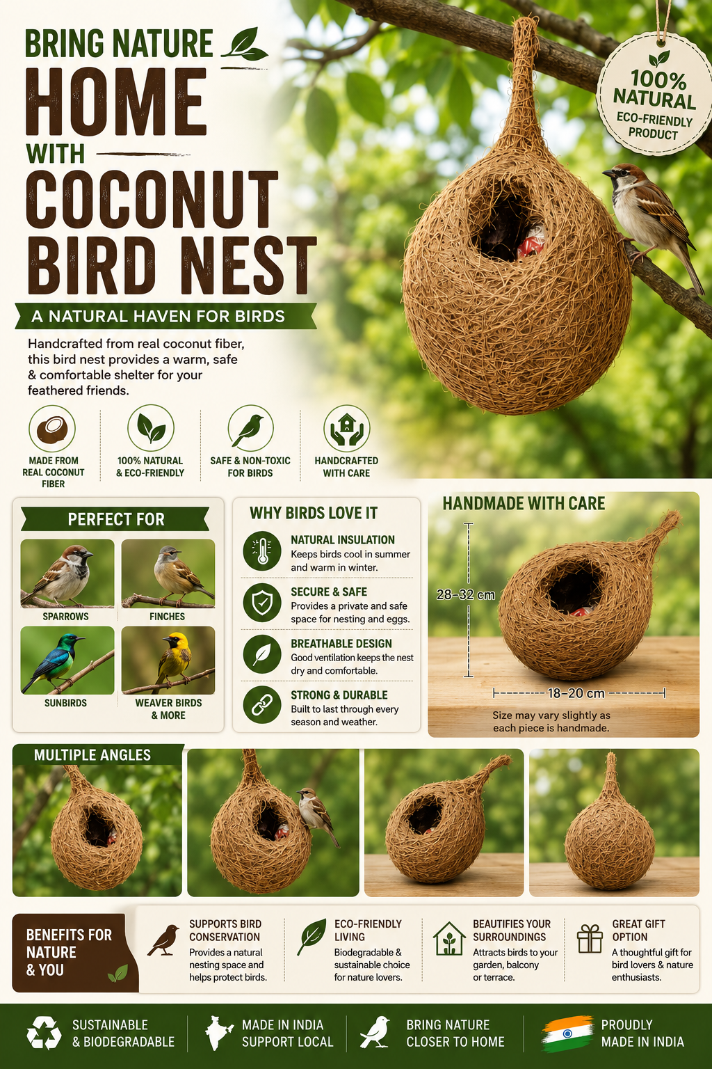 Handcrafted Natural Hanging Bird Nest | Eco-Friendly Coconut Fiber Bird House for Sparrows, Finches & Small Birds | Weather Resistant Outdoor Nest for Garden, Balcony, Terrace & Backyard