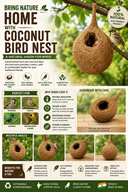 Handcrafted Natural Hanging Bird Nest | Eco-Friendly Coconut Fiber Bird House for Sparrows, Finches & Small Birds | Weather Resistant Outdoor Nest for Garden, Balcony, Terrace & Backyard