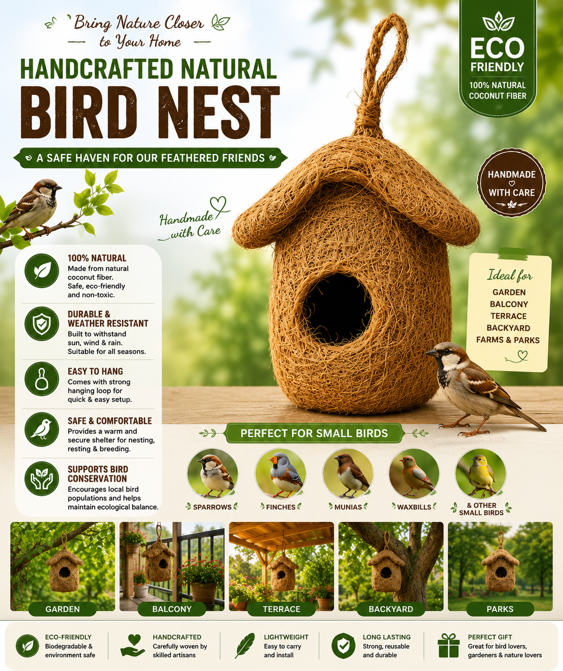 Handcrafted Natural Coconut Fiber Hanging Bird Nest House | Eco-Friendly Bird Shelter for Sparrows, Finches & Small Birds | Weather-Resistant Outdoor Bird Home for Garden, Balcony, Terrace & Backyard