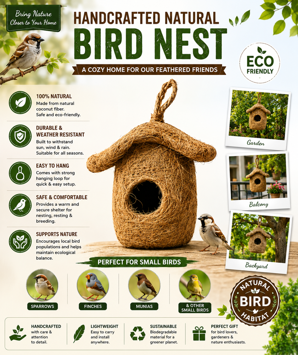 Handcrafted Natural Coconut Fiber Hanging Bird Nest House | Eco-Friendly Bird Shelter for Sparrows, Finches & Small Birds | Weather-Resistant Outdoor Bird Home for Garden, Balcony, Terrace & Backyard