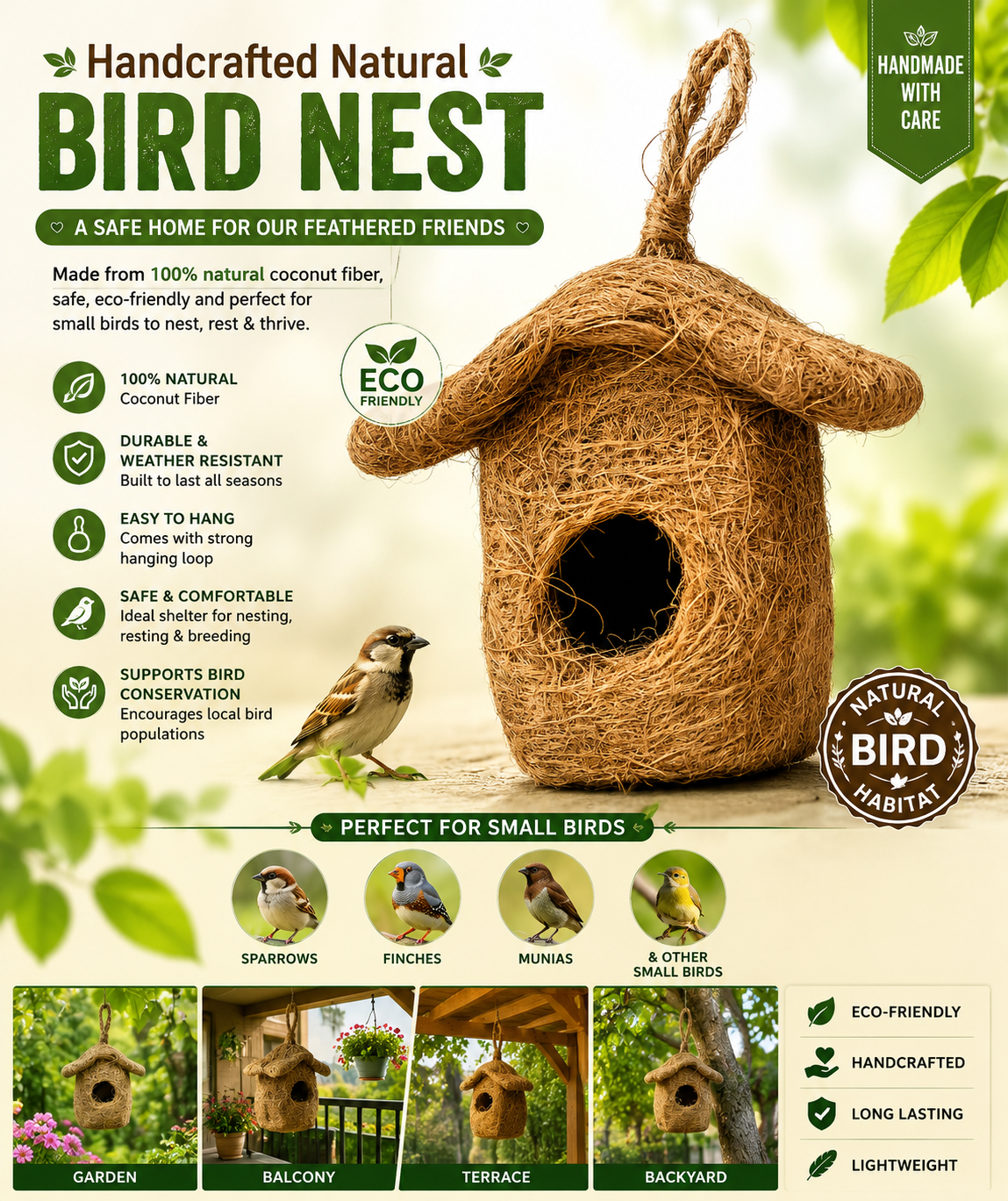 Handcrafted Natural Coconut Fiber Hanging Bird Nest House | Eco-Friendly Bird Shelter for Sparrows, Finches & Small Birds | Weather-Resistant Outdoor Bird Home for Garden, Balcony, Terrace & Backyard