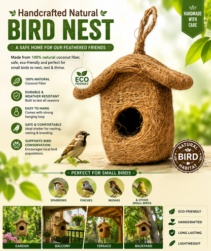 Handcrafted Natural Coconut Fiber Hanging Bird Nest House | Eco-Friendly Bird Shelter for Sparrows, Finches & Small Birds | Weather-Resistant Outdoor Bird Home for Garden, Balcony, Terrace & Backyard