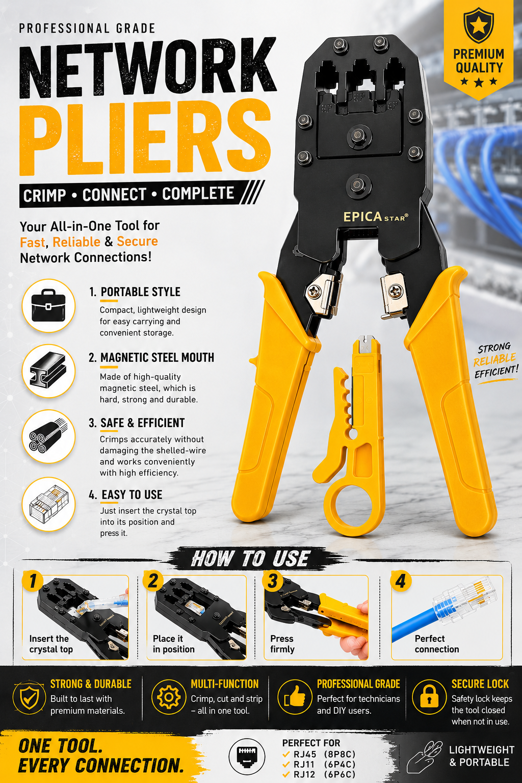 Network Pliers – Professional RJ45/RJ11 Crimping Tool for Ethernet & Telephone Cables
