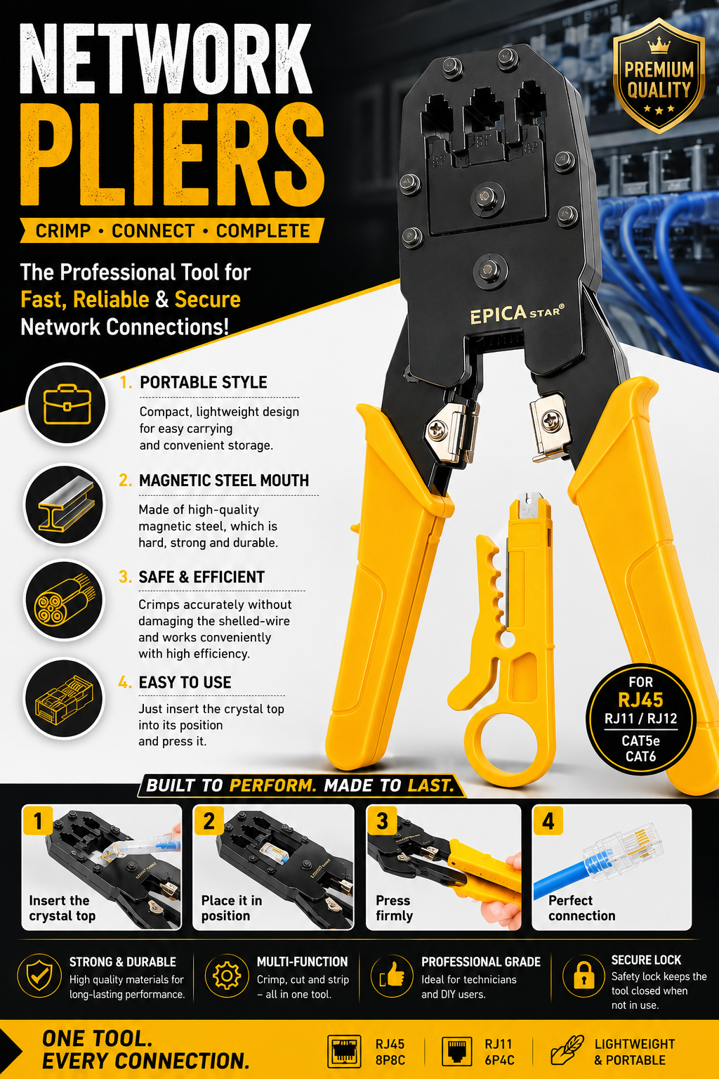 Network Pliers – Professional RJ45/RJ11 Crimping Tool for Ethernet & Telephone Cables