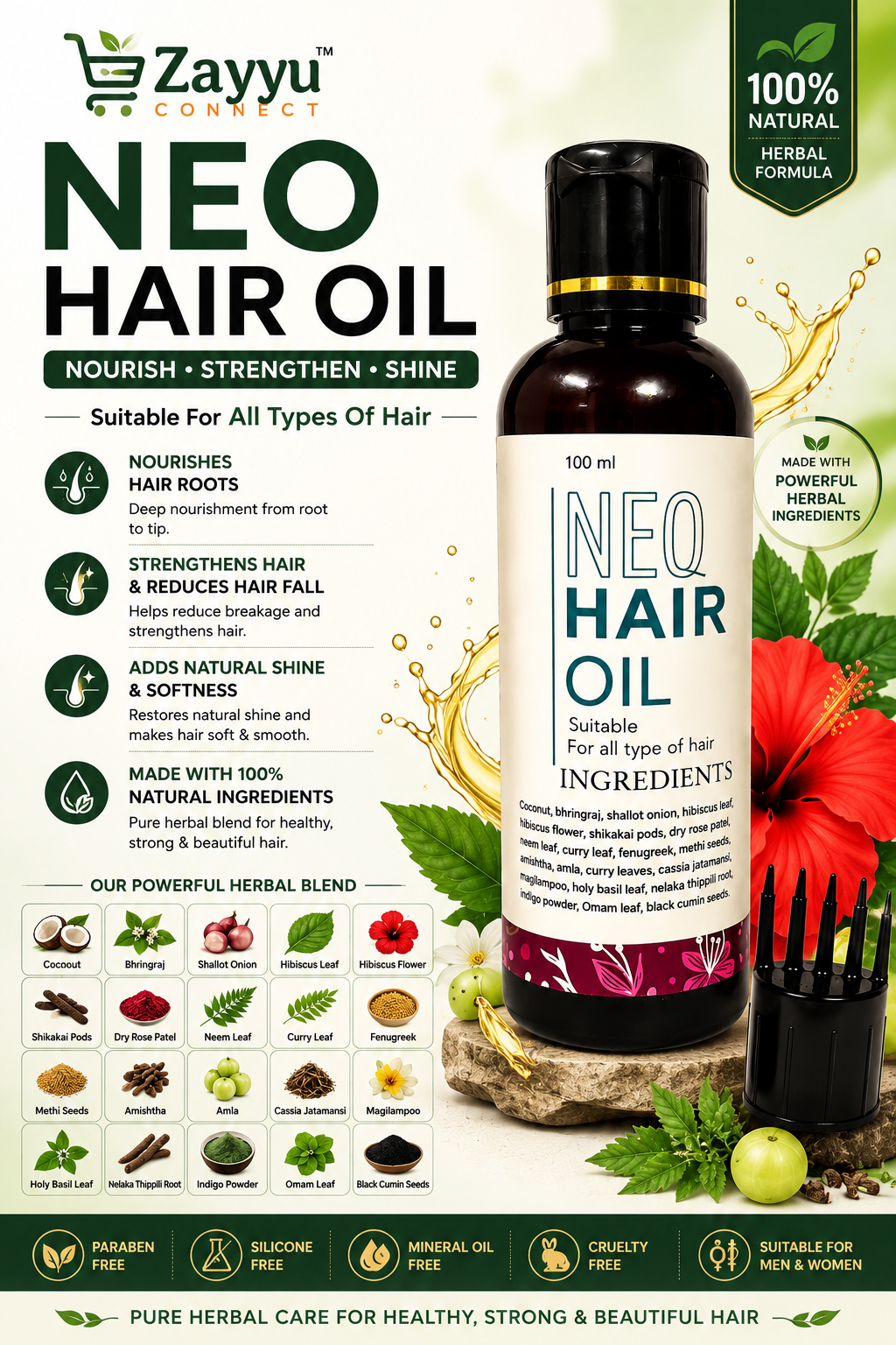 NEO Hair Oil | 100ml Herbal Hair Oil for Growth, Fall Control & Stronger | Enriched with Bhringraj, Hibiscus, Amla, Shikakai, Curry Leaves & Black Cumin