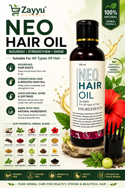 NEO Hair Oil | 100ml Herbal Hair Oil for Growth, Fall Control & Stronger | Enriched with Bhringraj, Hibiscus, Amla, Shikakai, Curry Leaves & Black Cumin