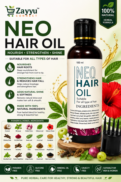NEO Hair Oil | 100ml Herbal Hair Oil for Growth, Fall Control & Stronger | Enriched with Bhringraj, Hibiscus, Amla, Shikakai, Curry Leaves & Black Cumin
