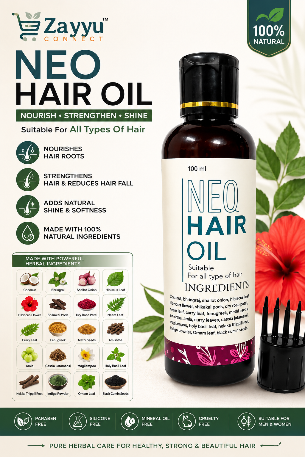 NEO Hair Oil | 100ml Herbal Hair Oil for Growth, Fall Control & Stronger | Enriched with Bhringraj, Hibiscus, Amla, Shikakai, Curry Leaves & Black Cumin