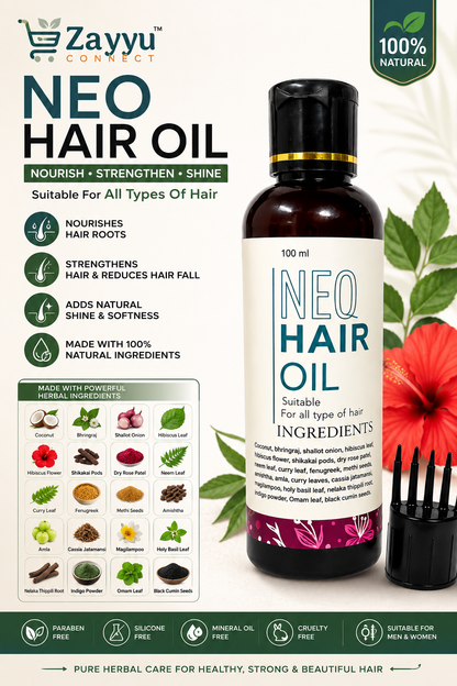NEO Hair Oil | 100ml Herbal Hair Oil for Growth, Fall Control & Stronger | Enriched with Bhringraj, Hibiscus, Amla, Shikakai, Curry Leaves & Black Cumin