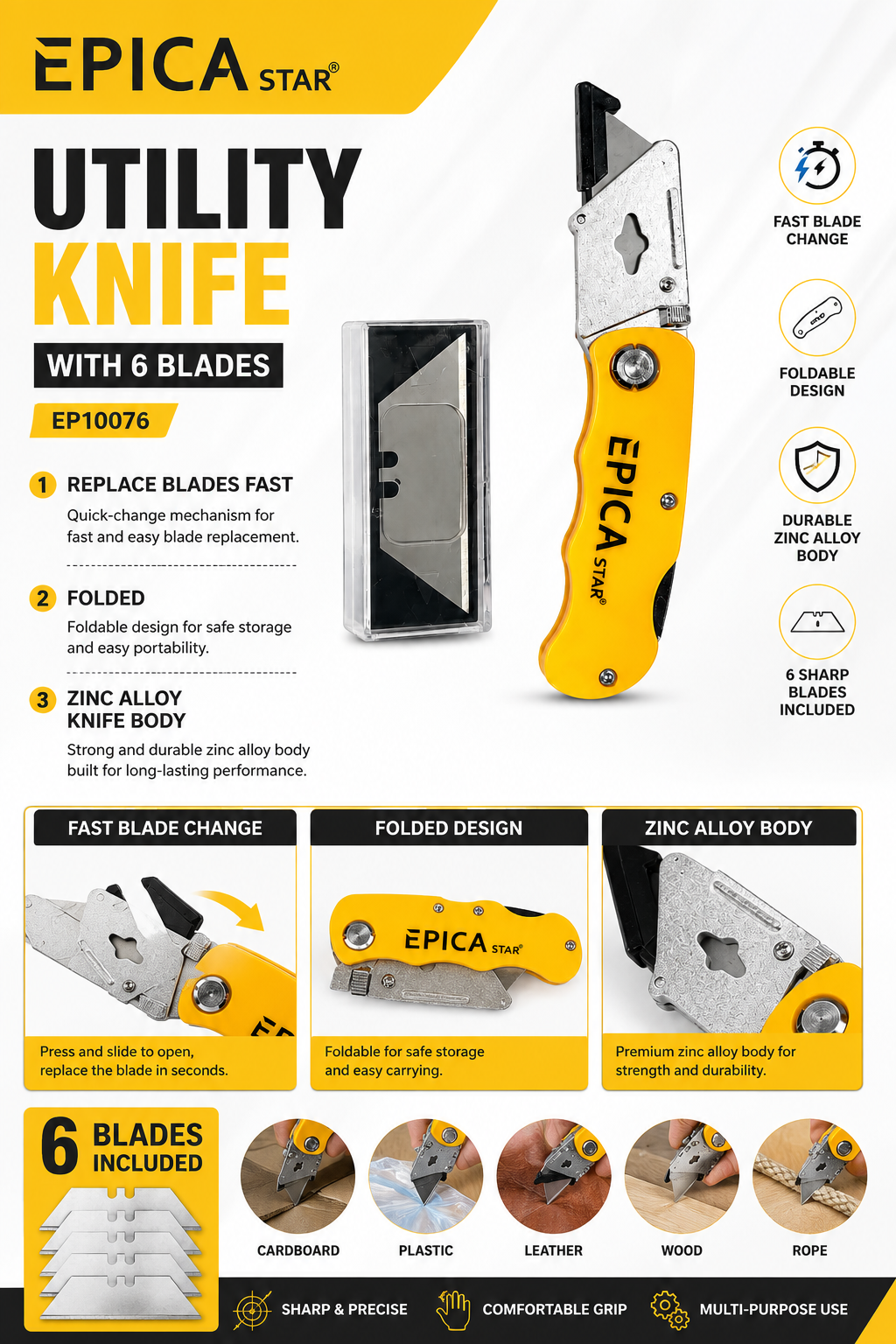 Utility Knife with 6 Replacement Blades|Foldable Heavy Duty Box Cutter|Zinc Alloy Body|Quick Blade Change|Retractable Multipurpose Cutter for Cardboard, Plastic, Leather, Carpet, Rope&DIY Use(EP10076)