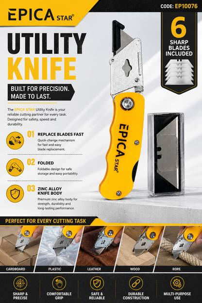 Utility Knife with 6 Replacement Blades|Foldable Heavy Duty Box Cutter|Zinc Alloy Body|Quick Blade Change|Retractable Multipurpose Cutter for Cardboard, Plastic, Leather, Carpet, Rope&DIY Use(EP10076)