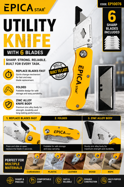 Utility Knife with 6 Replacement Blades|Foldable Heavy Duty Box Cutter|Zinc Alloy Body|Quick Blade Change|Retractable Multipurpose Cutter for Cardboard, Plastic, Leather, Carpet, Rope&DIY Use(EP10076)