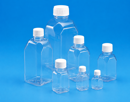 TARSONS - Sterile Square Graduated Media Bottle, PETG with white HDPE closure (581410).