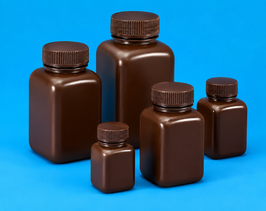 TARSONS - Amber Wide Mouth Square Bottle, HDPE with PP Amber closure (585221).