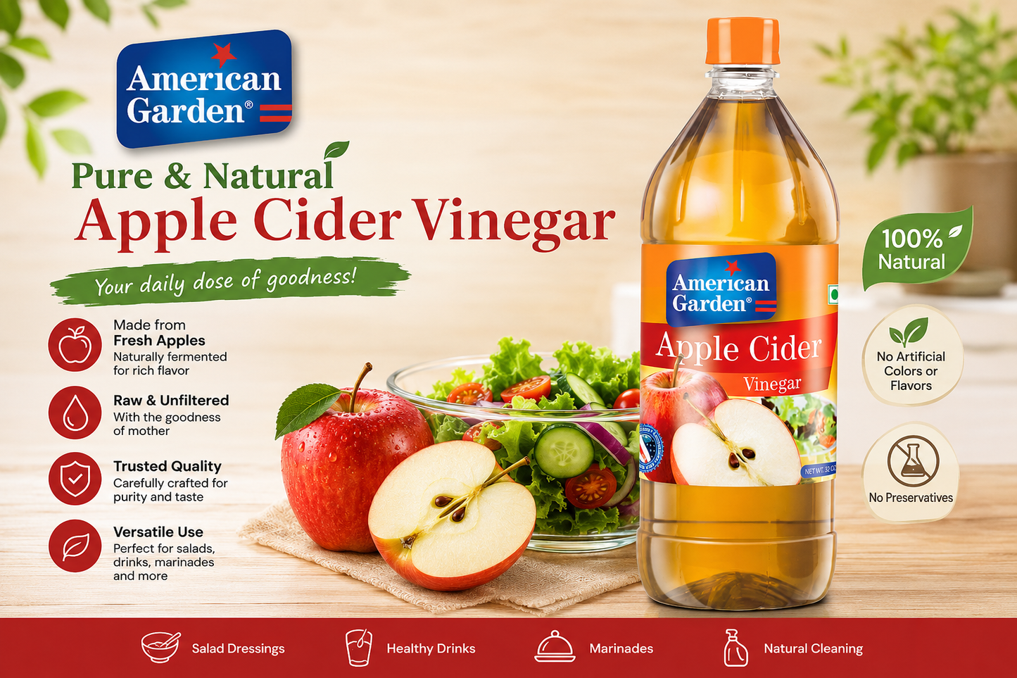 American Garden Vinegar - Apple Cider, 476ml Bottle