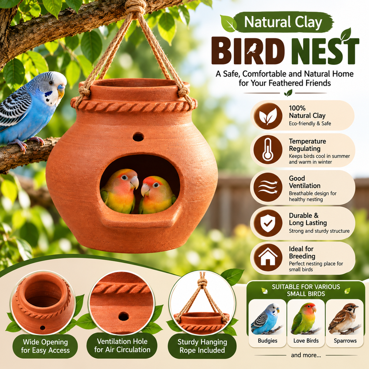 Natural Clay Bird Nest, Temperature Regulating Bird Cage Breeding Nest Outdoor Hanging Bird House for Budgies, Love Birds, Sparrows, Parakeets nest.