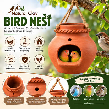 Natural Clay Bird Nest, Temperature Regulating Bird Cage Breeding Nest Outdoor Hanging Bird House for Budgies, Love Birds, Sparrows, Parakeets nest.