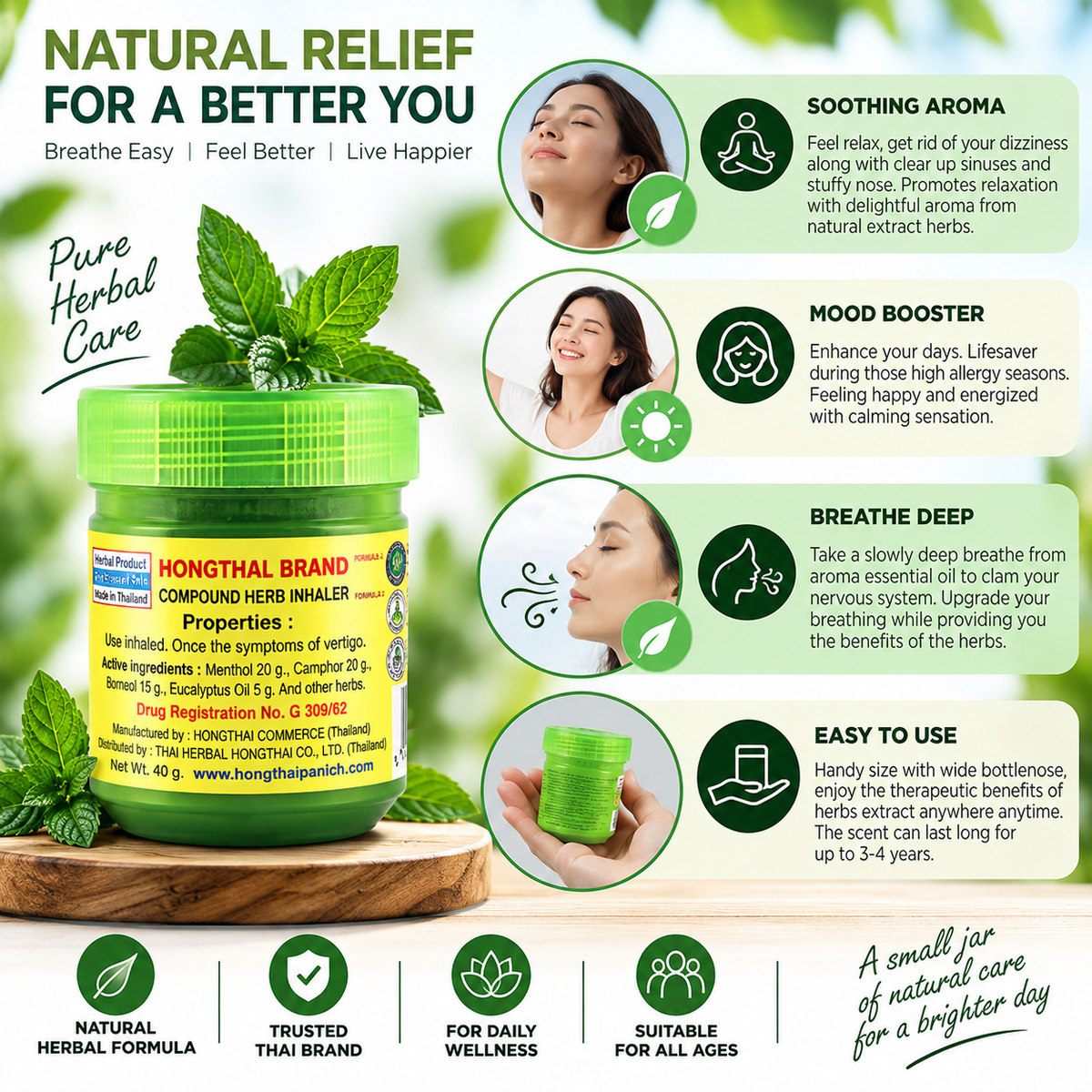 HT Compound Herbal Inhaler Formula 2, 95g | Thai Herbal Aromatic Inhaler | Menthol, Camphor & Borneol | Traditional Herbal Inhaler for Aromatic Use.