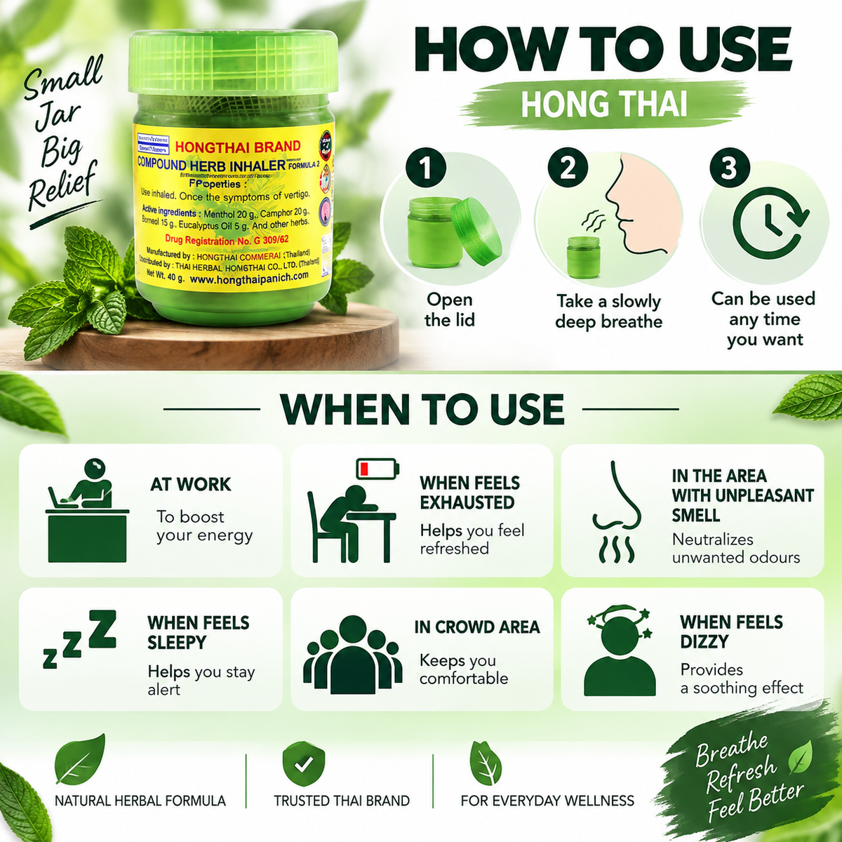 HT Compound Herbal Inhaler Formula 2, 95g | Thai Herbal Aromatic Inhaler | Menthol, Camphor & Borneol | Traditional Herbal Inhaler for Aromatic Use.