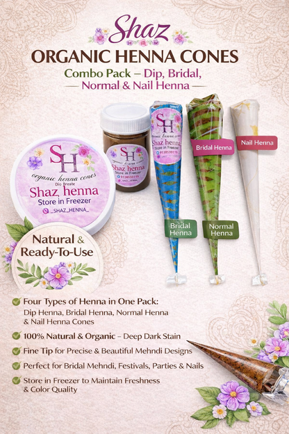 Shaz Organic Henna Cones Set – Dip Henna, Bridal Henna, Normal Henna & Nail Henna | Natural Mehndi Cones for Bridal, Hand & Nail Designs (Combo Pack))