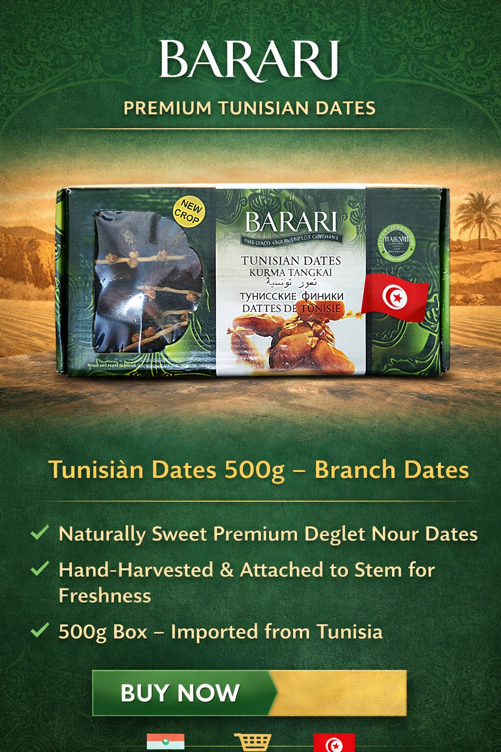 Barari Tunisian Deglet Nour Dates 500g – Premium Branched Dates (Kurma Tangkai) | Naturally Sweet Imported Tunisian Dates