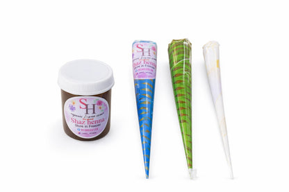 Shaz Organic Henna Cones Set – Dip Henna, Bridal Henna, Normal Henna & Nail Henna | Natural Mehndi Cones for Bridal, Hand & Nail Designs (Combo Pack))