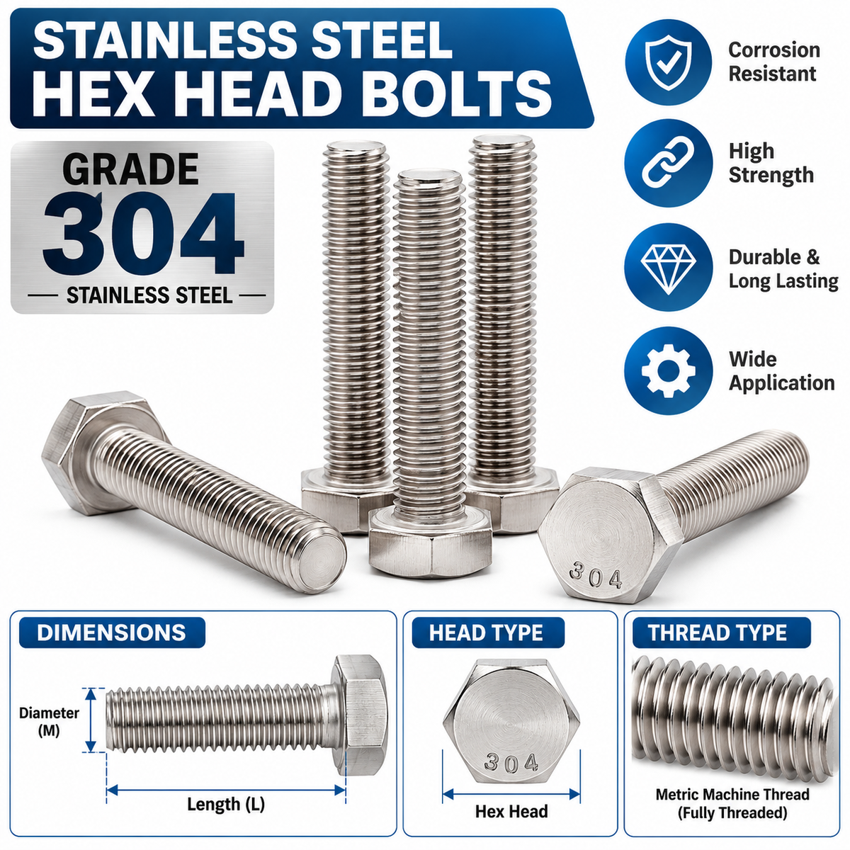 4MM DIA STAINLESS STEEL 304-A2 HEX SCREW FULL THREAD (DIN 933 / IS 1363) (Pack of 100 Pieces)