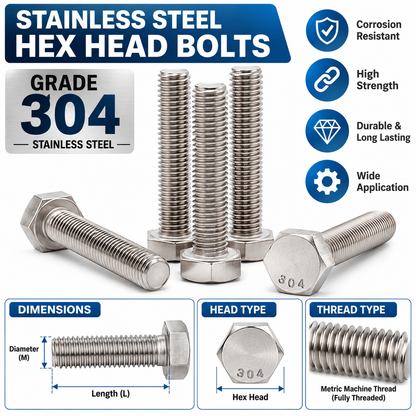 4MM DIA STAINLESS STEEL 304-A2 HEX SCREW FULL THREAD (DIN 933 / IS 1363) (Pack of 100 Pieces)
