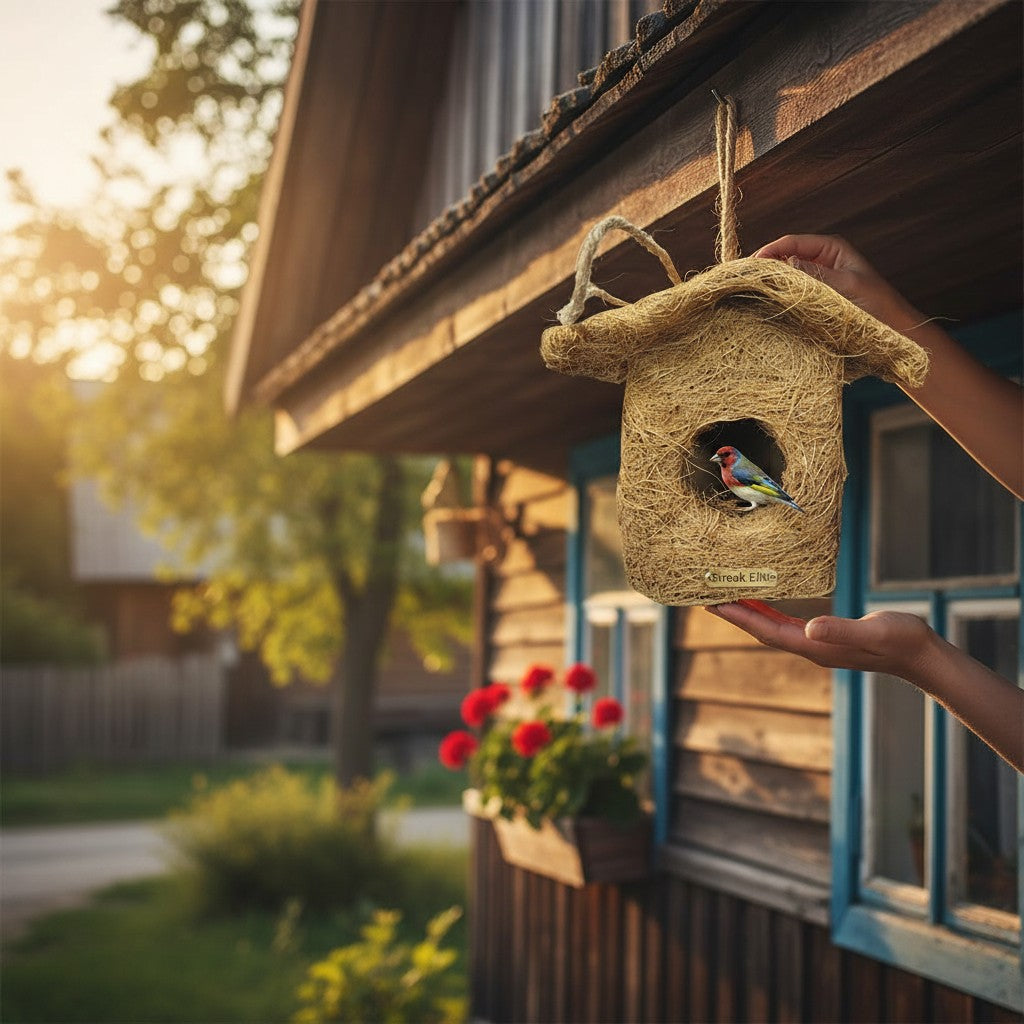 Handcrafted Natural Coconut Fiber Hanging Bird Nest House | Eco-Friendly Bird Shelter for Sparrows, Finches & Small Birds | Weather-Resistant Outdoor Bird Home for Garden, Balcony, Terrace & Backyard