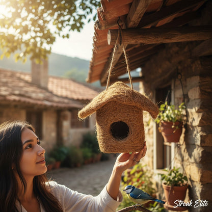 Handcrafted Natural Coconut Fiber Hanging Bird Nest House | Eco-Friendly Bird Shelter for Sparrows, Finches & Small Birds | Weather-Resistant Outdoor Bird Home for Garden, Balcony, Terrace & Backyard