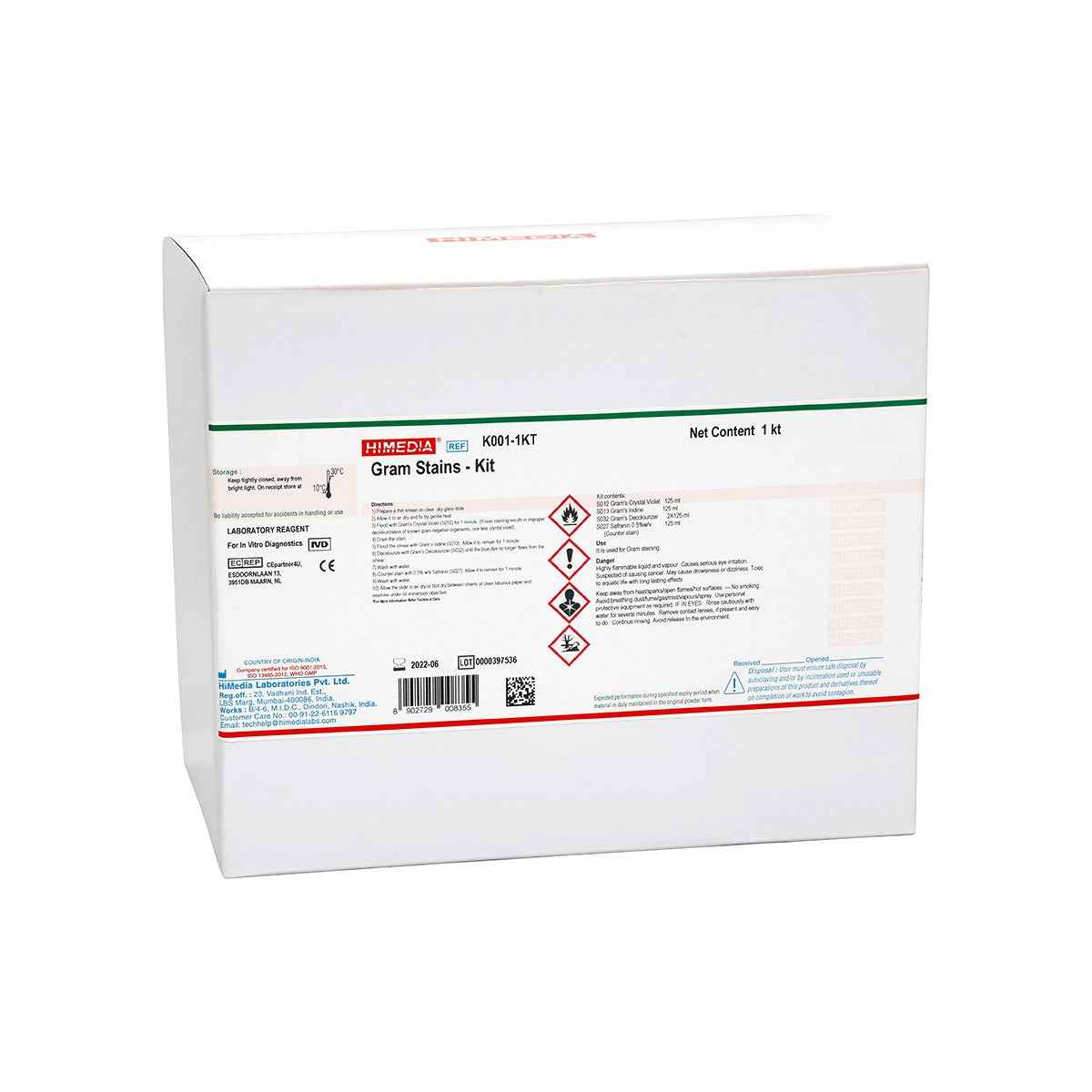 HiMedia - Gram Stains - Kit (contains S012, S032, S013 and S027 or S038) (K001-1 KT).